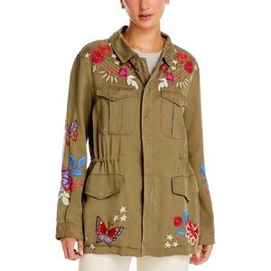 Johnny Was Mika Paris Drawstring Military Army Jacket Embroidered Floral Green